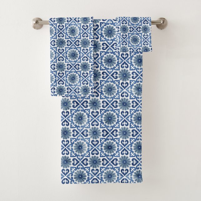 Conjunto De Toalhas Padrão do Azulejo Azul Floral marroquino (Insitu)