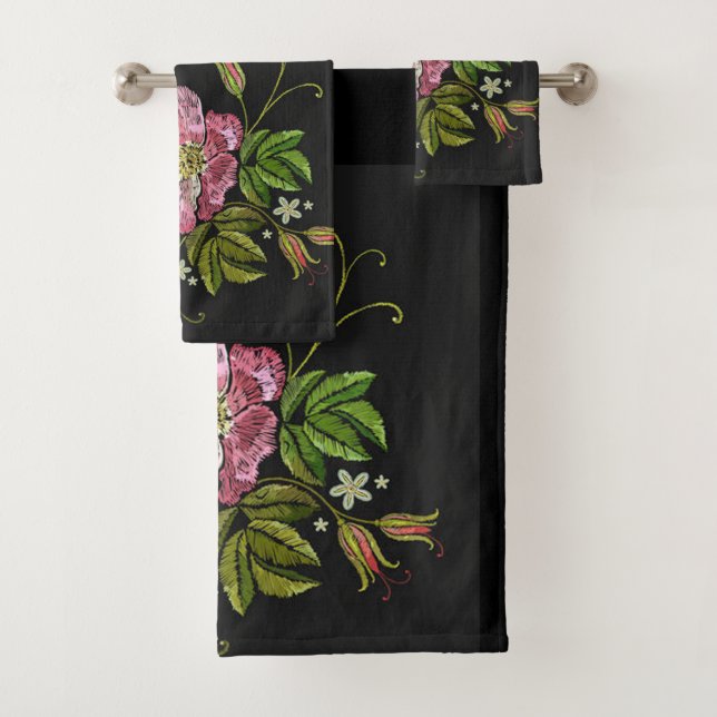 Conjunto De Toalhas Padrão do bordado floral elegante em preto (Insitu)