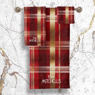 Conjunto De Toalhas Padrão Dourado de Natal Vermelho de Tartan nº 7 ID