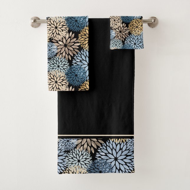 Conjunto De Toalhas Padrão Dourado Floral Azul Dahlia (Insitu)