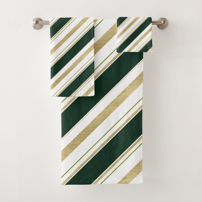 Conjunto De Toalhas Padrão Dourado Verde de Faixa Diagonal Branco (Insitu)