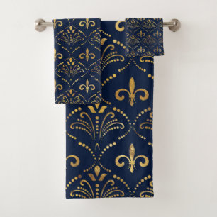 Conjunto De Toalhas Padrão elegante de Fleur-de-lis - azul Dourado e