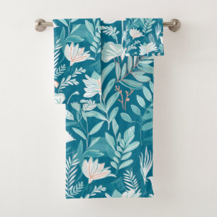 Conjunto De Toalhas Padrão Elegante Floral Branco e Azul Turquesa