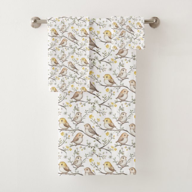 Conjunto De Toalhas Padrão Encantador de Pássaros e Flores (Insitu)