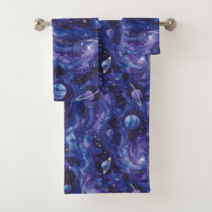 Conjunto De Toalhas Padrão espacial com estrelas e planetas