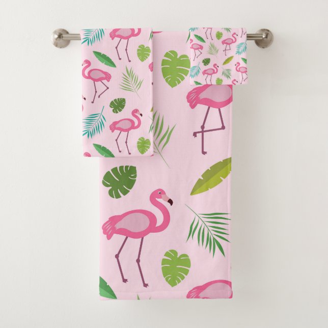 Conjunto De Toalhas Padrão Flamingo Rosa com Folhas Tropicais (Insitu)
