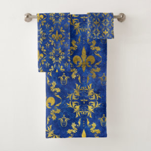 Conjunto De Toalhas Padrão Fleur-de-lis mármore azul e ouro