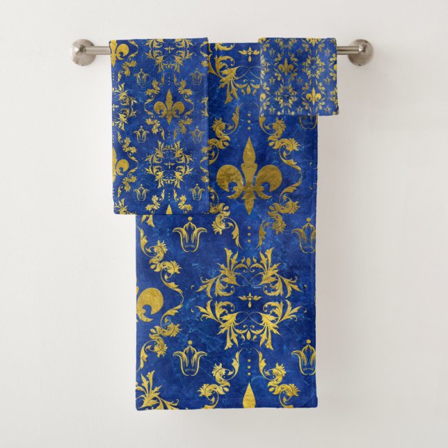 Conjunto De Toalhas Padrão Fleur-de-lis mármore azul e ouro (Insitu)