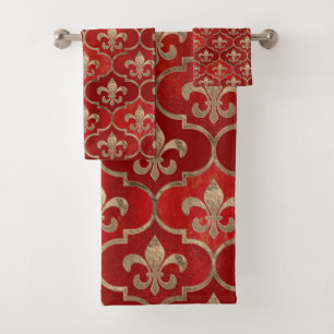 Conjunto De Toalhas Padrão Fleur-de-lis vermelho luxuoso