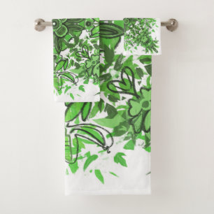 Conjunto De Toalhas Padrão Floral Abstrato em Preto e Verde sobre Bran