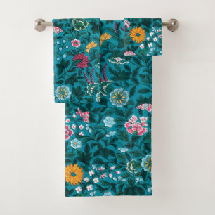 Conjunto De Toalhas Padrão Floral Amarelo-Cor-de-Rosa Verde Azul