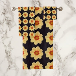 Conjunto De Toalhas Padrão Floral Amarelo Dahlia em Preto