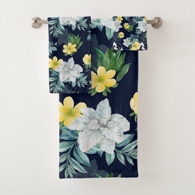 Conjunto De Toalhas Padrão Floral Amarelo e Cinza (Insitu)