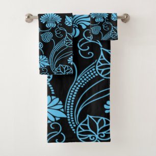 Conjunto De Toalhas Padrão Floral Antigo Preto no Azul