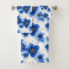 Conjunto De Toalhas Padrão Floral Azul com Acentos Dourados