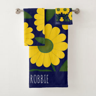 Conjunto De Toalhas Padrão Floral Azul de Fundo do Daisies Amarelo
