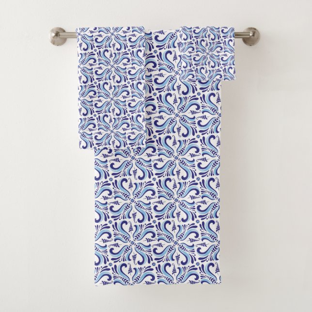 Conjunto De Toalhas Padrão Floral Azulejos Azul (Insitu)