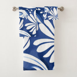 Conjunto De Toalhas Padrão Floral Botânico em Aquarela Azul
