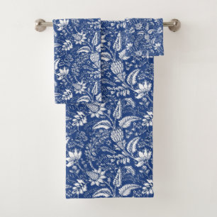 Conjunto De Toalhas Padrão Floral Branco Azul com Elemento Paisley