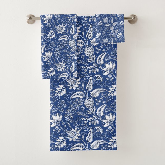 Conjunto De Toalhas Padrão Floral Branco Azul com Elemento Paisley (Insitu)