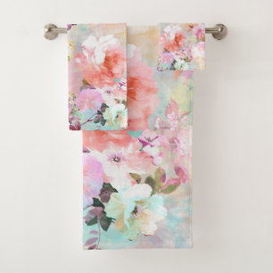 Conjunto De Toalhas Padrão Floral Cinza Romântico Cor de Água Chic