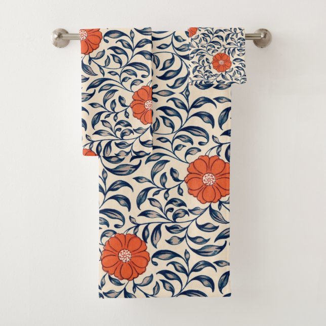 Conjunto De Toalhas Padrão floral contínuo com flor laranja vibrante (Insitu)
