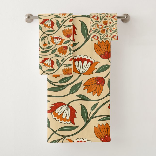 Conjunto De Toalhas Padrão floral contínuo em fundo bege (Insitu)