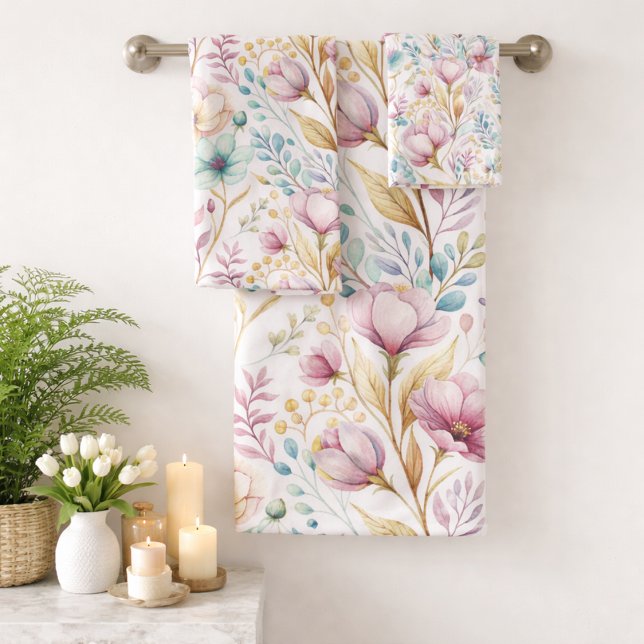 Conjunto De Toalhas Padrão Floral de Aquarela de Páscoa (Criador carregado)