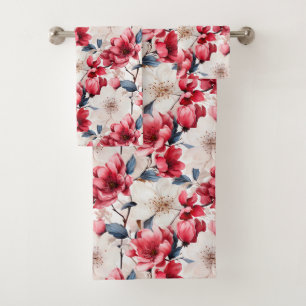 Conjunto De Toalhas Padrão Floral de Cereja Vermelha bonito
