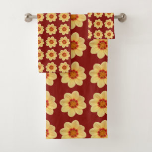 Conjunto De Toalhas Padrão Floral de Dália Amarela sobre Vermelho Tijo