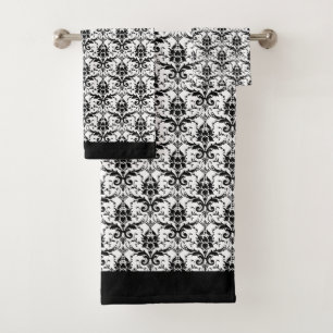 Conjunto De Toalhas Padrão Floral de Damasco Branco-Preto Elegante