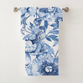 Conjunto De Toalhas Padrão Floral de Flores Azuis e Brancas Botânicas