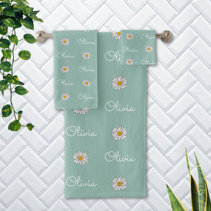Conjunto De Toalhas Padrão Floral de Margarida Branca com Nome Persona