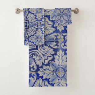 Conjunto De Toalhas Padrão Floral de Vintagem do Mediterrâneo Azul e B