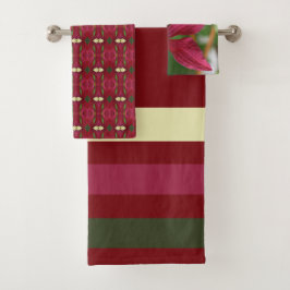 Conjunto De Toalhas Padrão Floral e Stripes com Borgonha