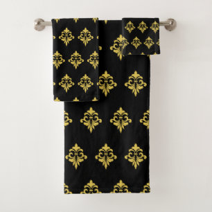 Conjunto De Toalhas Padrão Floral Elegante em Preto e Dourado