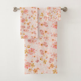 Conjunto De Toalhas Padrão Floral em Aquarela Rosa Bege