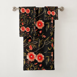 Conjunto De Toalhas Padrão Floral Escuro Fundo Rosa Verde Vermelho