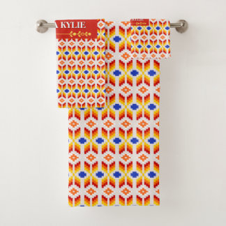 Conjunto De Toalhas Padrão Floral Geométrico em Pixel em Vermelho Lara