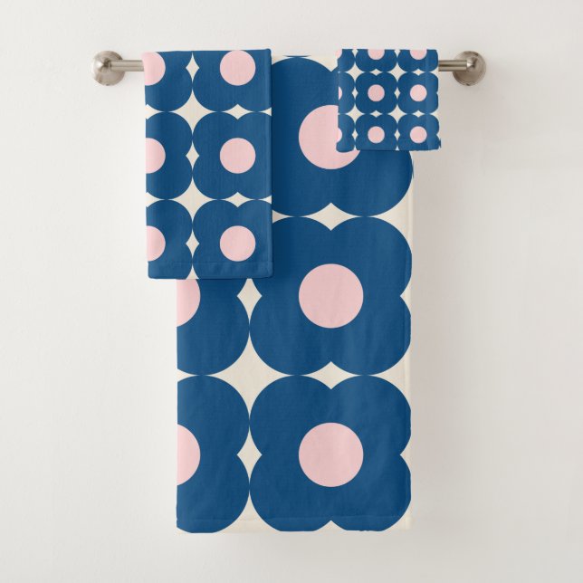 Conjunto De Toalhas Padrão Floral Geométrico Retro-Negrito Azul e Rosa (Insitu)