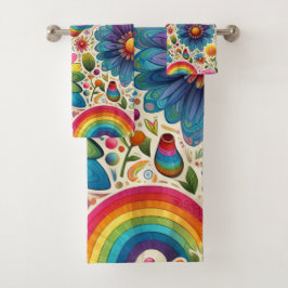 Conjunto De Toalhas Padrão Floral Hippie Arco-Íris Retrô