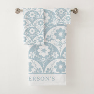 Conjunto De Toalhas Padrão Floral Japonês em Azul Suave e Branco