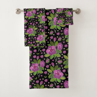 Conjunto De Toalhas Padrão Floral Lilás Rosa Verde Preto