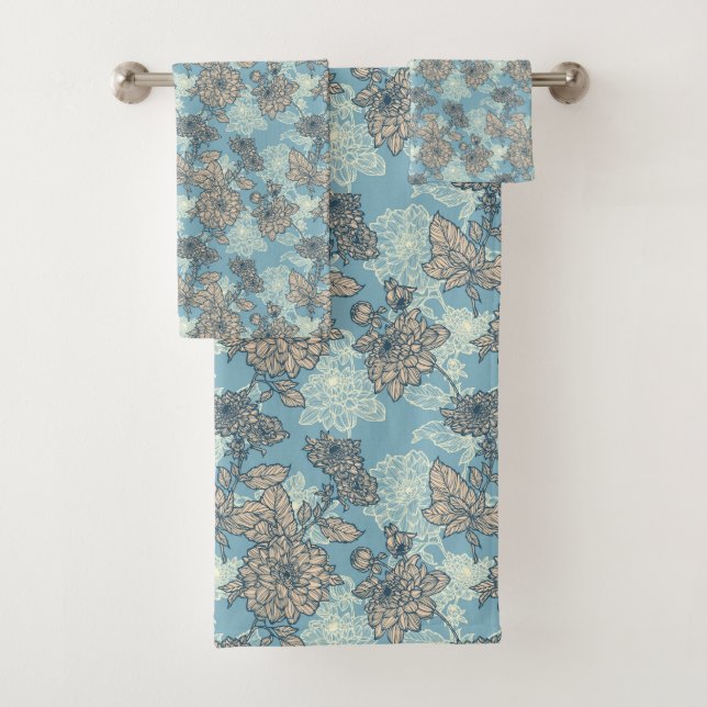 Conjunto De Toalhas Padrão Floral no Fundo Azul (Insitu)