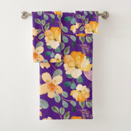 Conjunto De Toalhas Padrão Floral Púrpura Amarelo Moderno