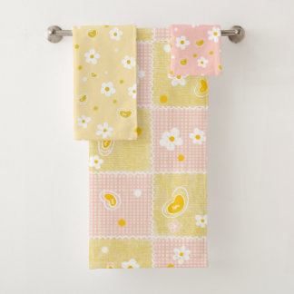 Conjunto De Toalhas Padrão Floral Retro Margarida Amarelo e Rosa