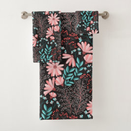 Conjunto De Toalhas Padrão Floral Rosa e Escuro-Teal