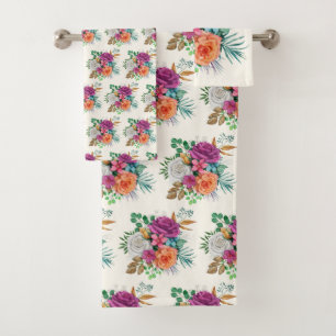 Conjunto De Toalhas Padrão Floral Rosa, Laranja e Rosas Brancas