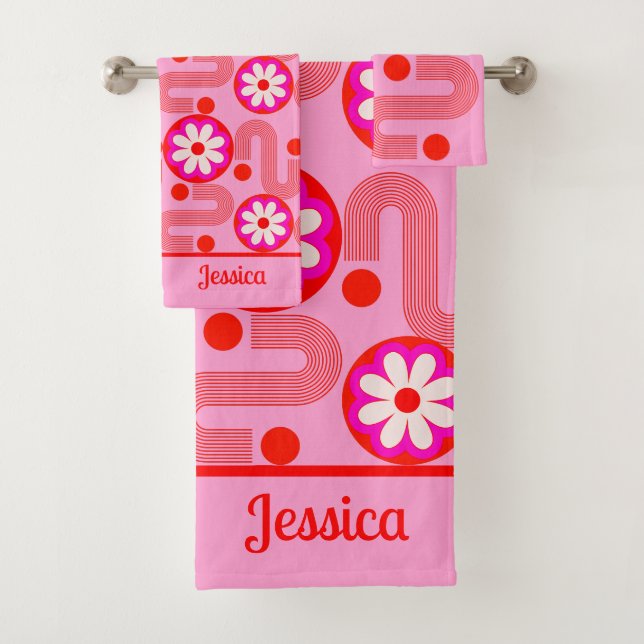 Conjunto De Toalhas Padrão Floral Rosa Moderno do meio século com Nome (Insitu)