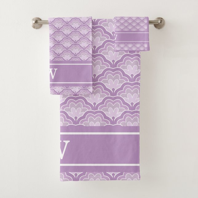 Conjunto De Toalhas Padrão Floral Roxo Abstrato de Inicial Monogramada (Insitu)